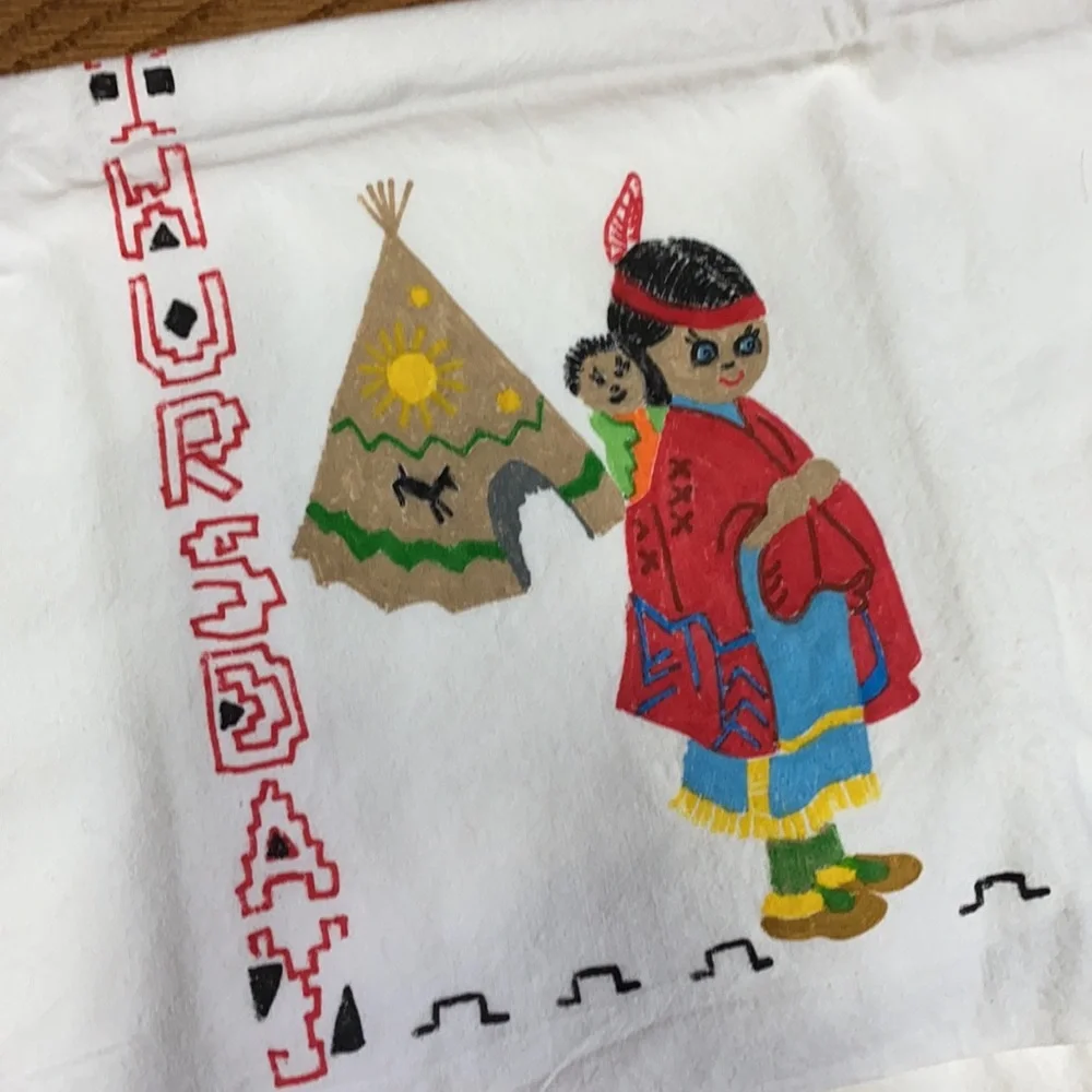Vintage Native American Hand Painted Dish Towel Set of 7 50s 60s Mid Century